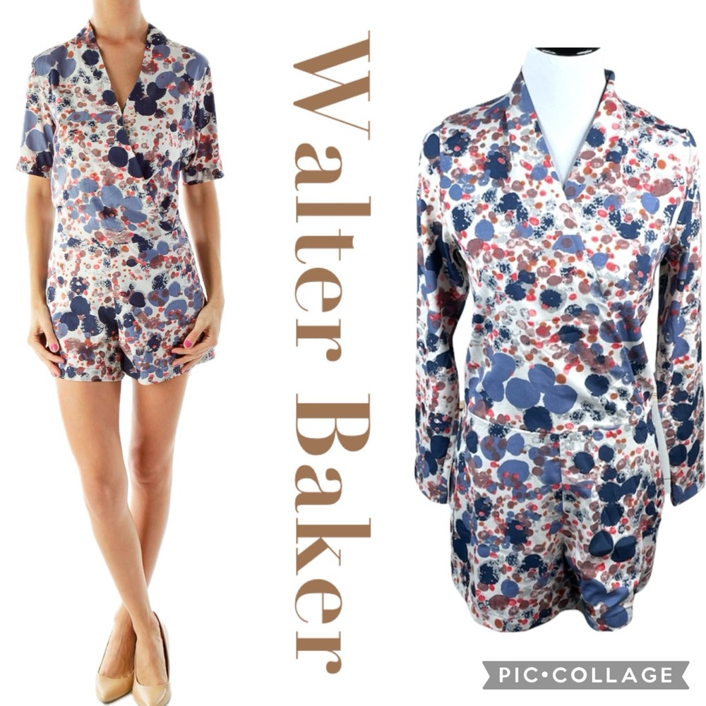 W118 Walter Baker Margot Romper In Blue Bubble Print Long Sleeve Surplice Neck